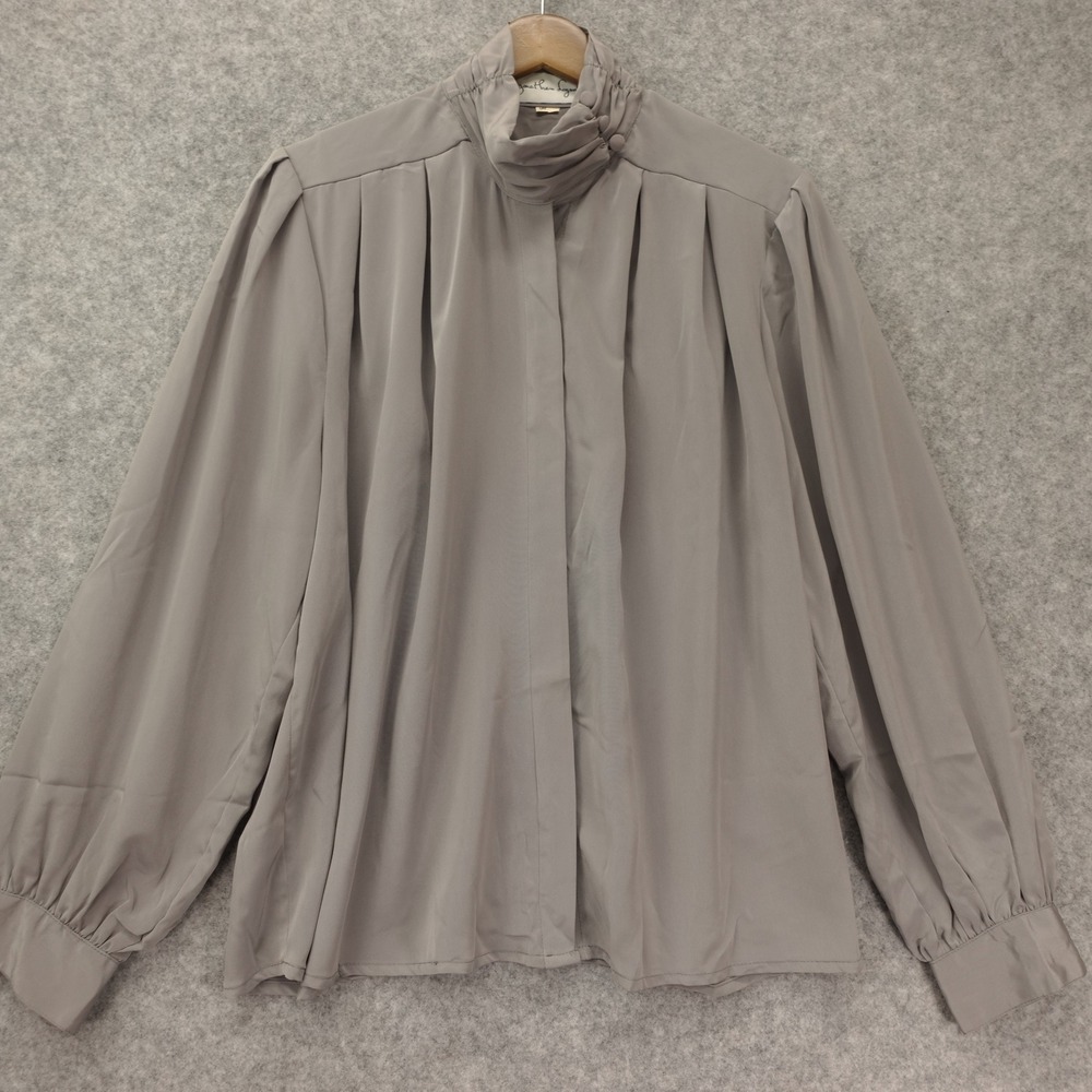 Vintage 80s Secretary HIgh Neck Blouse Womens M Gray Academia JONATHAN LOGAN
